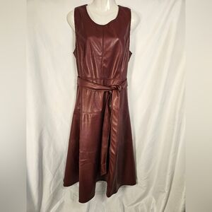 Chartou Burgundy Faux Leather Midi Dress XL Belted